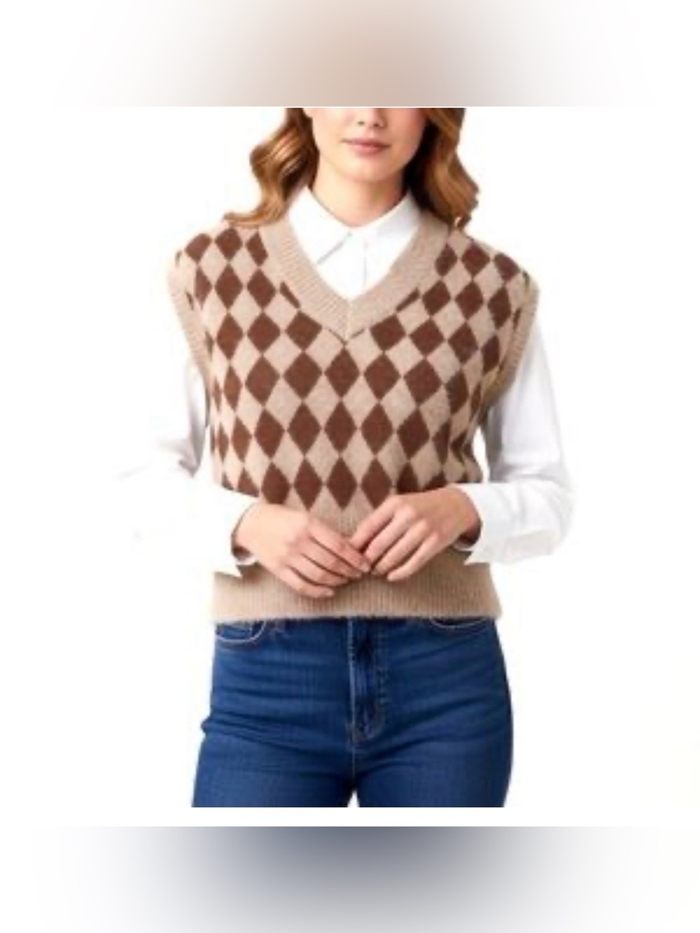 Sincerely Jules Beige and Brown Argyle V-Neck Sweater Vest